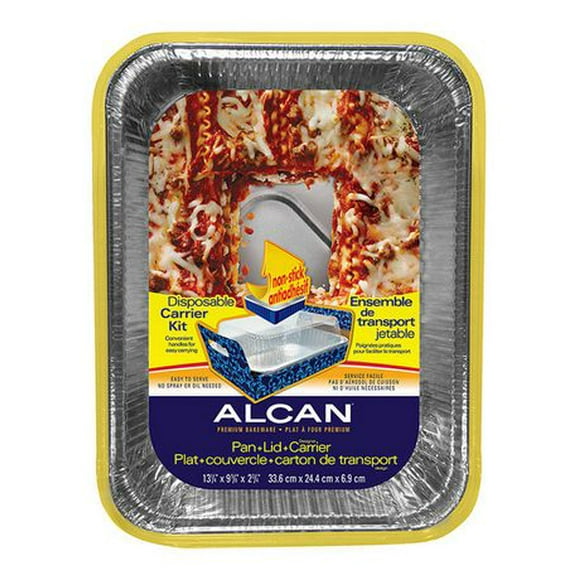 Plat à lasagna avec carton de transport jetable et couvercle d'Alcan 13 po x 10 po x 3 po , 1 unité