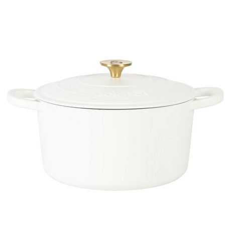 Crock-Pot Artisan 7 Qt Enameled Cast Iron Dutch Oven w/Lid & SS Gold Knob, Matte Linen, Round