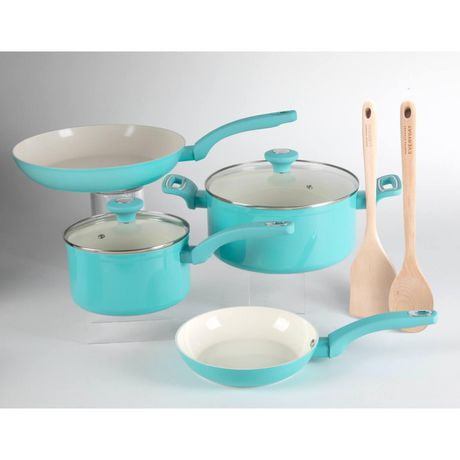 Martha Stewart Everyday Rexford 8 Piece Aluminum Cookware Set W/ Kitchen Tools - Teal - Ceramic Nonstick - Induction Base - Soft Touch Handle - Forged Aluminum - 2.5 mm - GBX W/ Remailer