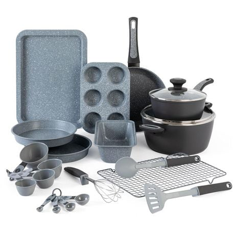 Oster Bastone 23 Piece Aluminum Cookware Combo Set, Matte Grey Ext