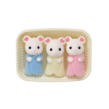 Calico Critters Marshmallow Mouse Triplets, Set of 3 Collectible Doll Figures with Cradle Accessory