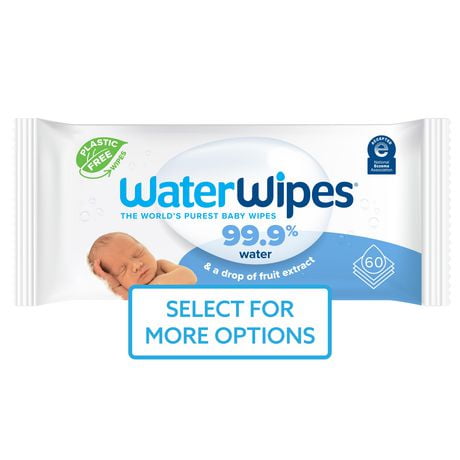 WaterWipes Plastic-Free Original Baby Wipes, 99.9% Water Based Wipes, Unscented, Fragrance-Free & Hypoallergenic for Sensitive Skin, 60 Count (1 pack), Packaging May Vary, WaterWipes 60CT