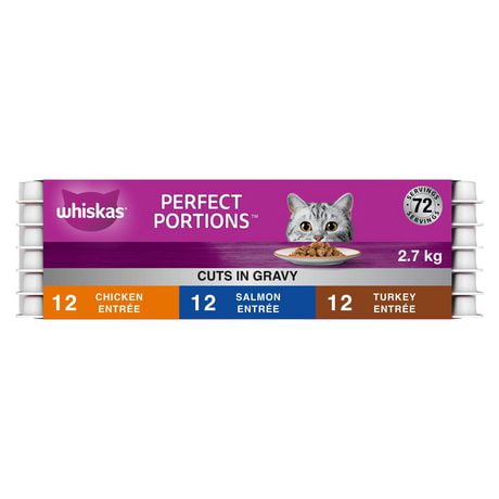 Whiskas Perfect Portions Chicken, Turkey & Salmon Cuts in Gravy Variety Pack Wet Cat Food, 36x75g