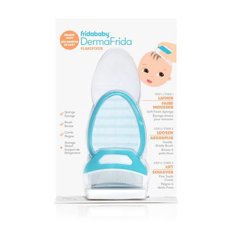 Frida Baby - DermaFrida the Flakefixer - 3-Step Cradle Cap System, Baby Sponge, Brush, Comb & Storage Stand, Age: Newborn+