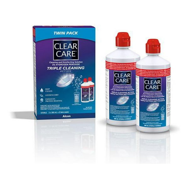 Solution pour lentilles cornéennes CLEAR CARE(MD), solution nettoyante et désinfectante avec peroxyde d’hydrogène Format double 2&nbsp;x&nbsp;360&nbsp;mL