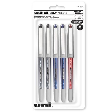 Stylos roller uniball™ Vision Needle, pointe fine (0,7 mm), couleurs assorties, paquet de 5 Stylo Roller Vision Aiguille