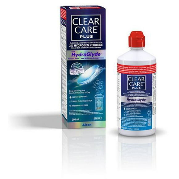 Solution pour lentilles cornéennes CLEAR CARE(MD) Plus avec HydraGlyde, solution nettoyante et désinfectante avec peroxyde d’hydrogène 360 mL