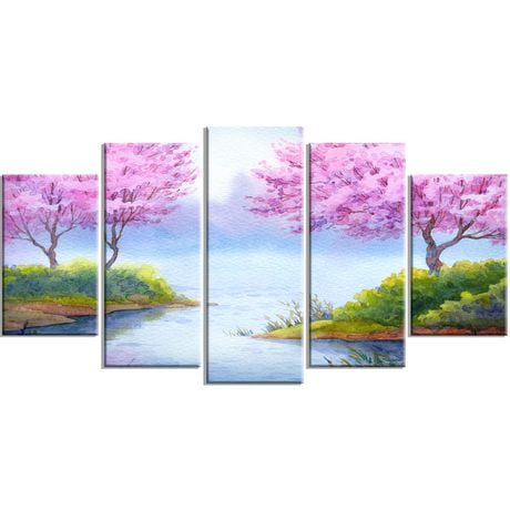 Design Art Flowering Trees over Lake Multipanel Landscape Large Metal ...