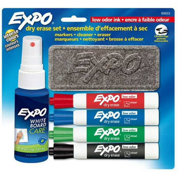 Expo Low Odour Dry Erase Marker Set, Chisel Tip, Assorted Colours, 6 Piece Set, Whiteboard Markers
