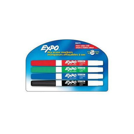 Expo Dry Erase Markers, Low Odour, Fine Tip, Assorted, 4 Count, Whiteboard Markers