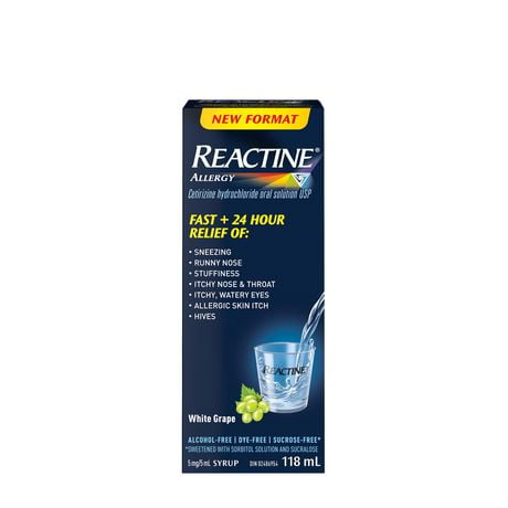 Reactine, sirop antiallergique pour picotements oculaires, urticaire, écoulement nasal, soulagement 24 h, Raisin blanc 118 ml