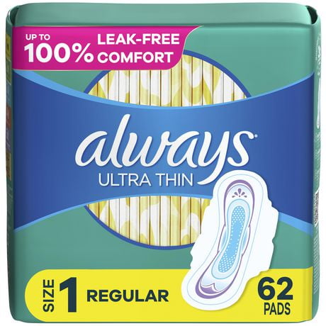 Always Ultra Thin Feminine Pads with Wings for Women, Size 1, Regular Absorbency, Unscented, 62CT