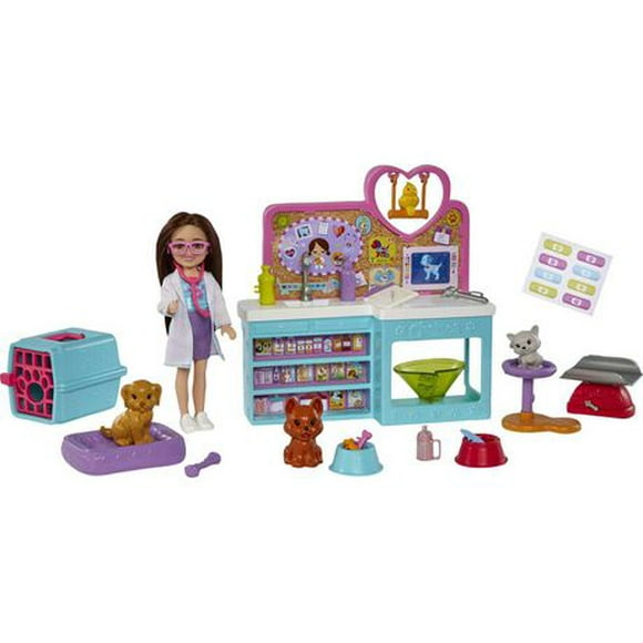 Barbie Chelsea Pet Vet Doll (Brunette) & Playset, 4 Animals, 18 Accessories, Ages 3+