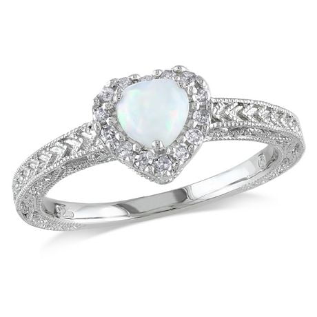 Miabella 1/3 Carat T.G.W. Opal and 1/7 Carat T.W. Diamond Sterling Silver Heart Ring