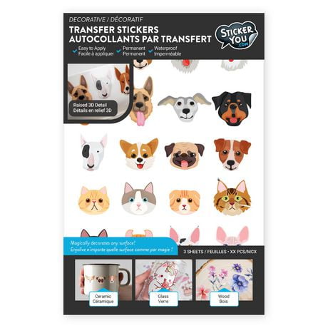 StickerYou Cat Dog and Pets Decorative Transfer Stickers, 6.25" x 10" / 3 pages / 45 pcs