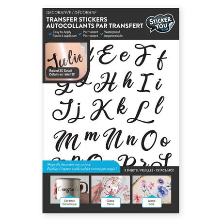 StickerYou Alphabet Script Letter Decorative Transfer Stickers, 6.25" x 10" / 3 pages / 45 pcs