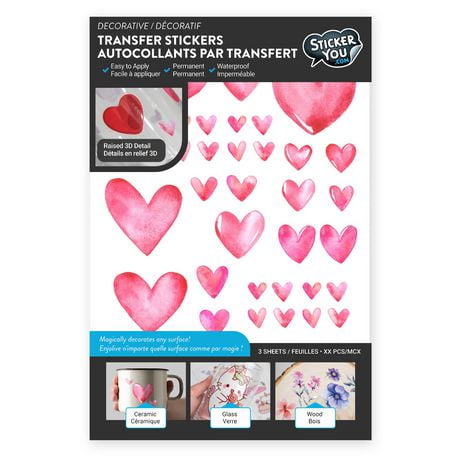 StickerYou Hearts Decorative Transfer Stickers, 6.25" x 10" / 3 pages / 45 pcs