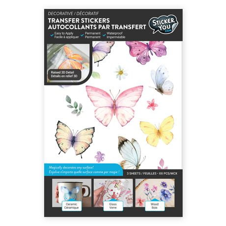 StickerYou Pastel Butterfly Decorative Transfer Stickers, 6.25" x 10" / 3 pages / 45 pcs