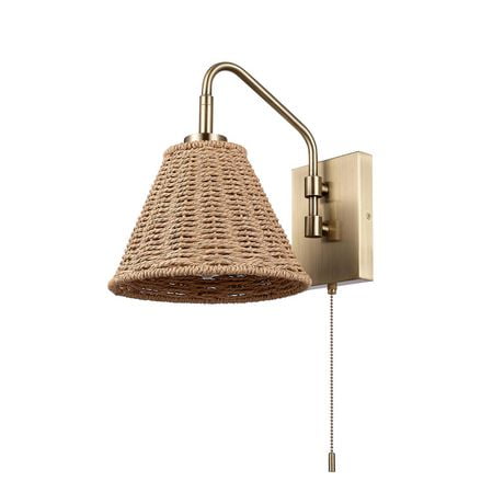 Novogratz x Globe 1-Light Matte Brass Wall Sconce with Rattan Shade and On/Off Pull Chain Switch
