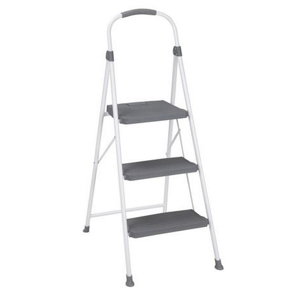 COSCO  2 step Connection Folding Step Stool with Large Resin Steps, Max Reach 8ft 1in (White and Gray, Steel with Resin Steps), Step Stools