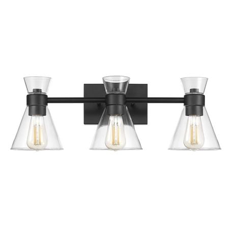 3-Light Matte Black Vanity Light with Clear Glass Shades<br>