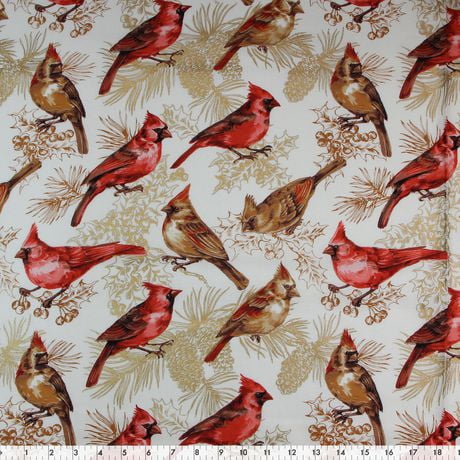 Fabric Creations White Christmas Cardinal Cotton Fabric by the Metre