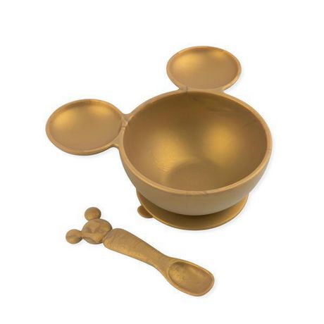 Bumkins - Disney Baby - Bébé, nourrisson, enfant en bas âge - Ensemble de première alimentation en silicone - Minnie Mouse en or - Bol de base d'aspiration + cuillère assortie