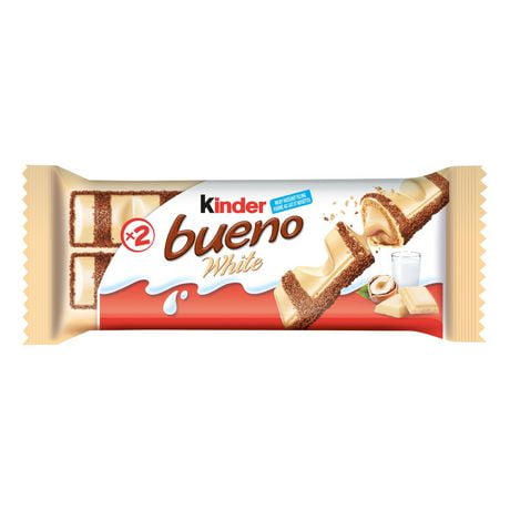 Barres KINDER BUENO au chocolat au blanc et à la crème aux noisettes; un paquet individuel contient 2 barres emballées individuellement 39g
