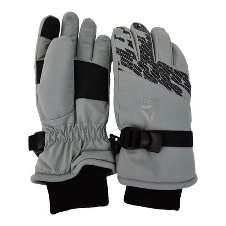 Boys Reebok gloves 100% polyester talson with insulation 100% polyester brushed knit lining.Reflective logo and touch screen index and thumb. Thinsulate insulation with strap closure, Boys Reebok Gloves