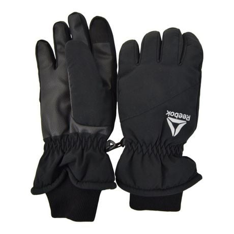 Ladies Reebok gloves. The outer shell is 100% polyester talson, the inner polyester brushed knit lining. Waterproof  The index finger and thumb have touch screen. Strap closure, Ladies Reebok Gloves