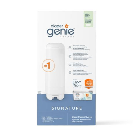 Diaper Genie Signature Pail, White, includes 1 Easy Roll Refill with 9 bags, holds up to 423 newborn diapers.