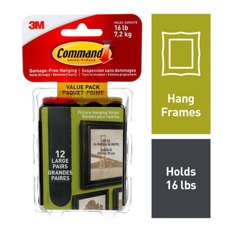 Command™ Picture Hanging Strips 17206BLK-12EF, Large, Value Pack, 24 Strips/Pack, 16 lb