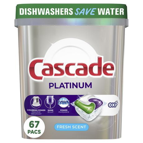 Sachets de détergent pour lave-vaisselle Cascade Platinum ActionPacs + Oxi, sachets de détergent, parfum frais 67 unités