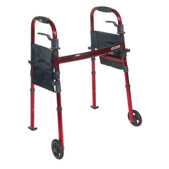 Drive Medical Red Portable Folding Travel Walker with 5-inch Caster Wheels and Fold up Legs, Walker with 5" Wheels