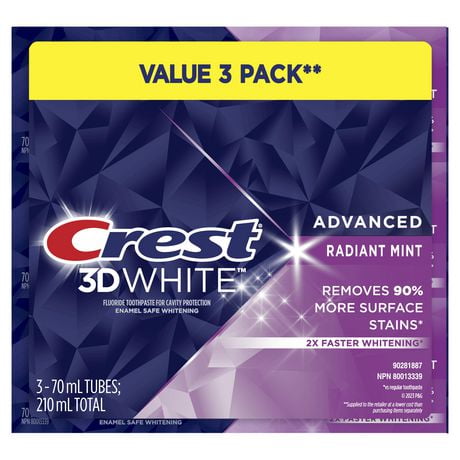 Crest 3D White Advanced, Whitening Toothpaste Radiant Mint, 70- mL, Pack of 3