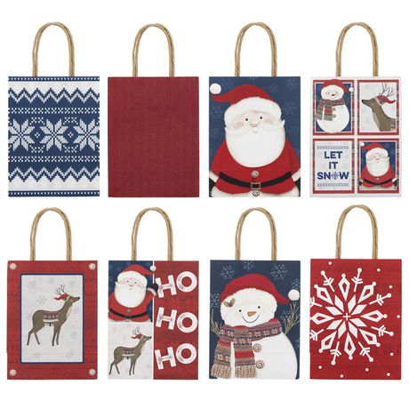 Holiday Time 8Ct Petite Kraft Paper Handle Bags - Assorted | Walmart Canada