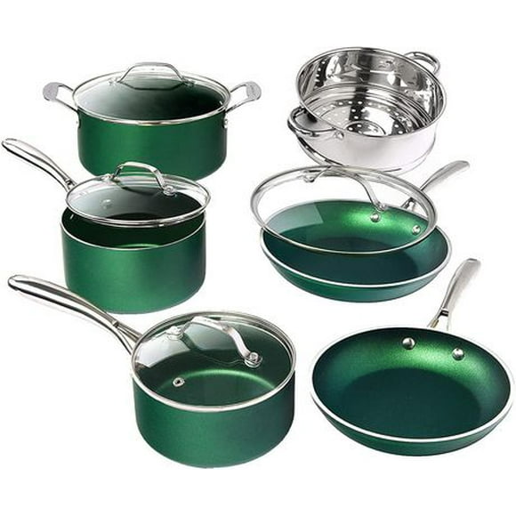 GraniteStone Emerald Pots and Pans Set with Ultra Nonstick Durable Mineral & Diamond Tripple Coated Surface, Stainless Steel Stay Cool Handles, 10 Piece Cookware, Green