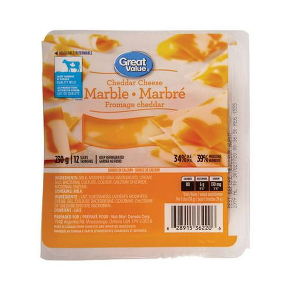 Tranches de fromage cheddar marbré Great Value 230 g, 12 tranches