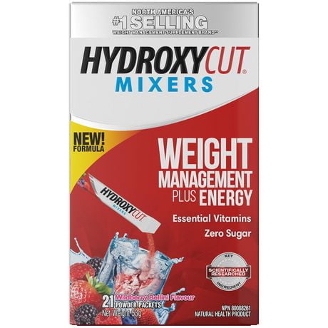 Hydroxycut Mixers Weight Management Instant Drink Mix, Weight Loss for Women & Men, Weight Loss Supplement, Energy Drink Powder, Metabolism Booster for Weight Loss, Wildberry Bellini Flavour, 21 ct, 53 g, 21 drink packets