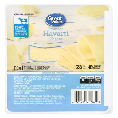 Tranches de fromage Havarti Great Value 210 g, 11 tranches