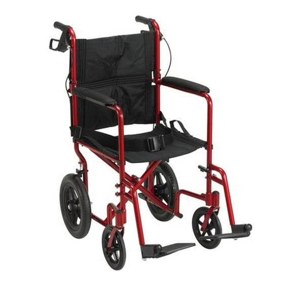 Drive Medical Red Lightweight Expedition Transport Wheelchair with Hand Brakes