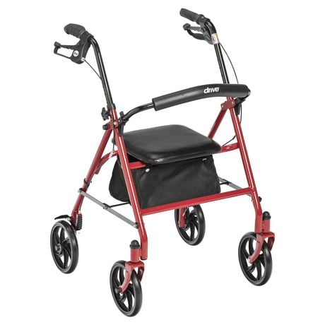 Drive Medical Red Four Wheel Rollator Rolling Walker with Fold Up Removable Back Support