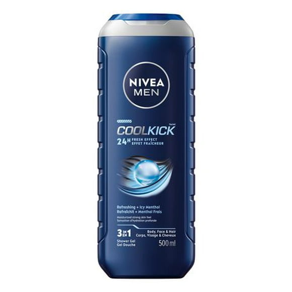 NIVEA Men Cool Kick 24H Fresh Effect Shower Gel for Men | 3-in-1 Body, Face, and Hair Wash | Refreshing Menthol Shower Gel | Dermatologically tested, 500 mL