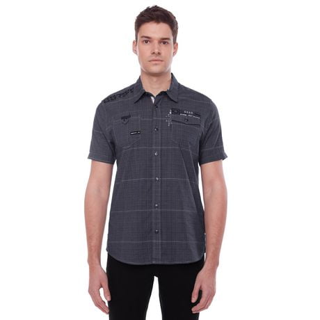 Dark Black Men's Short-Sleeve Plaid Button-Down Shirt with Pockets ...