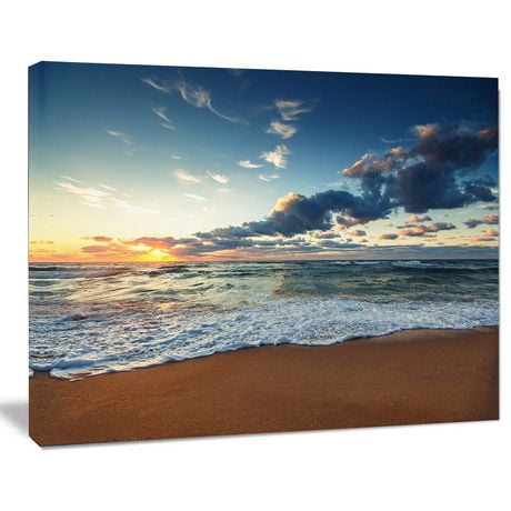 Design Art Sunrise And Glowing Waves in Ocean Seashore Canvas Wall Art ...