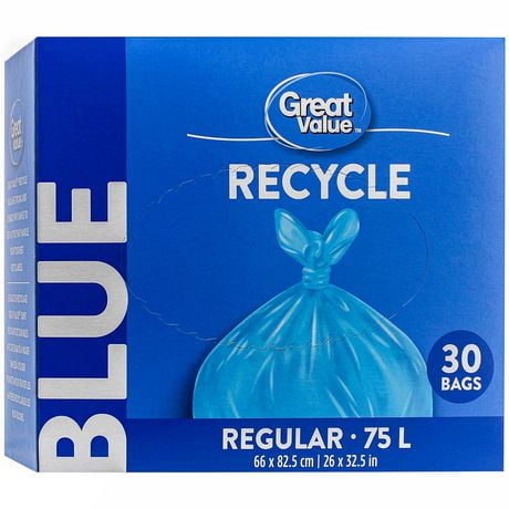 Sacs de recyclage bleus format Régulier Great Value 30 sacs, 75 L, 66 cm x 82.5 cm
