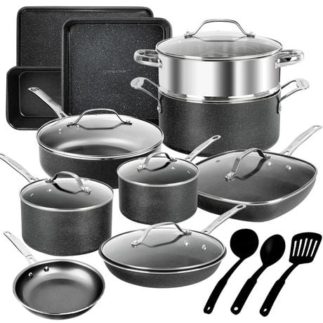 Granite Stone 20 Piece Complete Cookware Set Bakeware Set with Ultra Non-stick 100% PFOA Free Coating–Includes Frying Pans, Saucepans, Stock Pots, Steamers, Cookie Sheets & Baking Pans