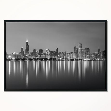 Wiltshire Design Art Chicago Skyline at Night Black And White Framed Canvas Art Print