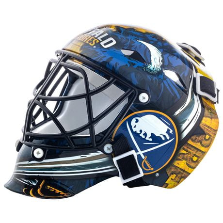 Franklin Sports Mini masque de gardien de but de hockey avec logo de l'équipe de la NHL de Sabres avec étui – Masque de gardien de but de collection avec logos et couleurs officiels de la NHL