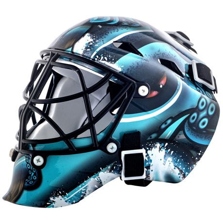 Franklin Sports Mini masque de gardien de but de hockey avec logo de l'équipe de la NHL de Kraken avec étui – Masque de gardien de but de collection avec logos et couleurs officiels de la NHL
